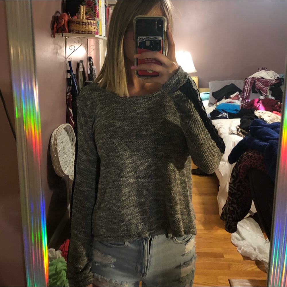 Grey sweater with black lace sleeves
